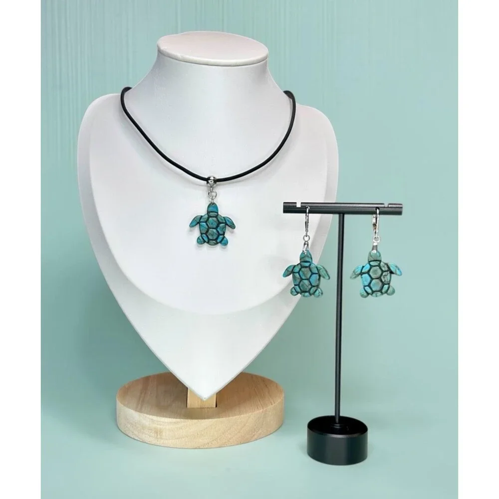 Faux Turquoise Turtle Polymer Clay Southwestern Pendant Necklace & Earring Set